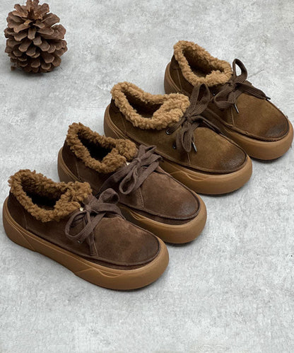 Chocolate Flats Lace Up Flat Shoes for Fuzzy Wool Lined