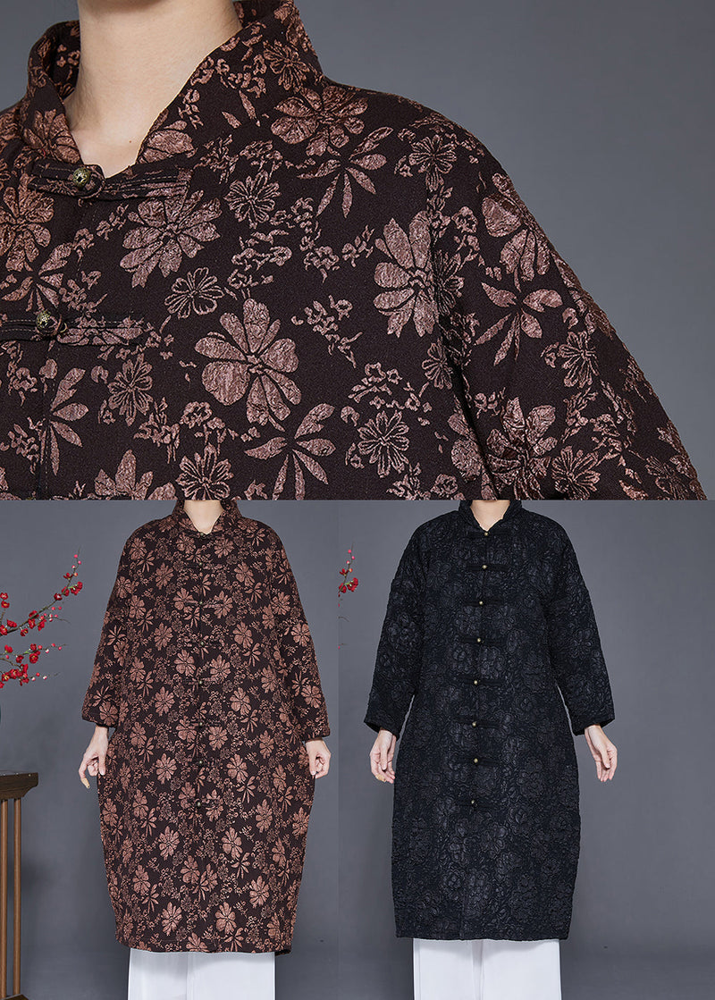 Coffee Jacquard Warm Fine Cotton Filled Witner Coats Chinese Button
