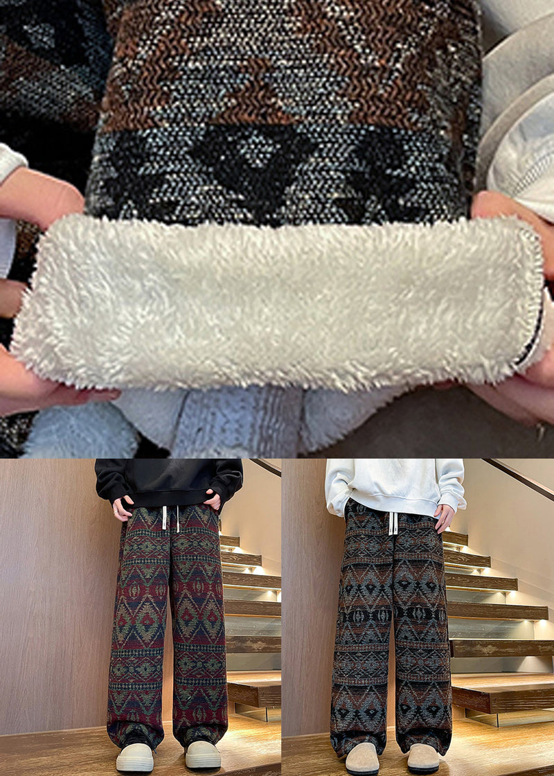 Coffee Lace Up Warm Fleece Pants Elastic Waist Winter