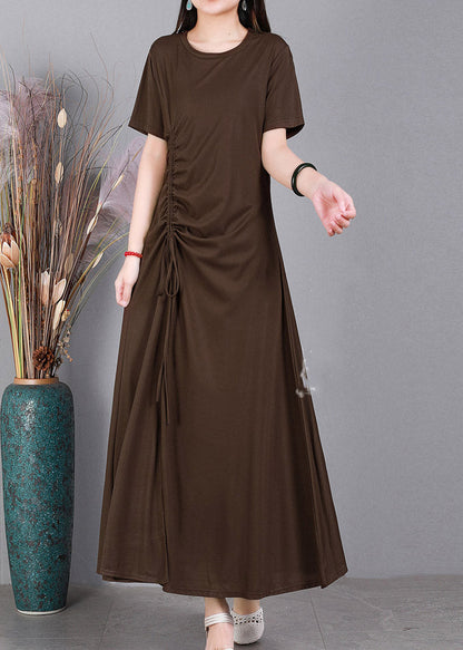 Chocolate O-neck Cinched Cotton Long Dress Short Sleeve
