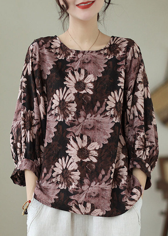 Coffee O-neck Cotton Top Long Sleeve