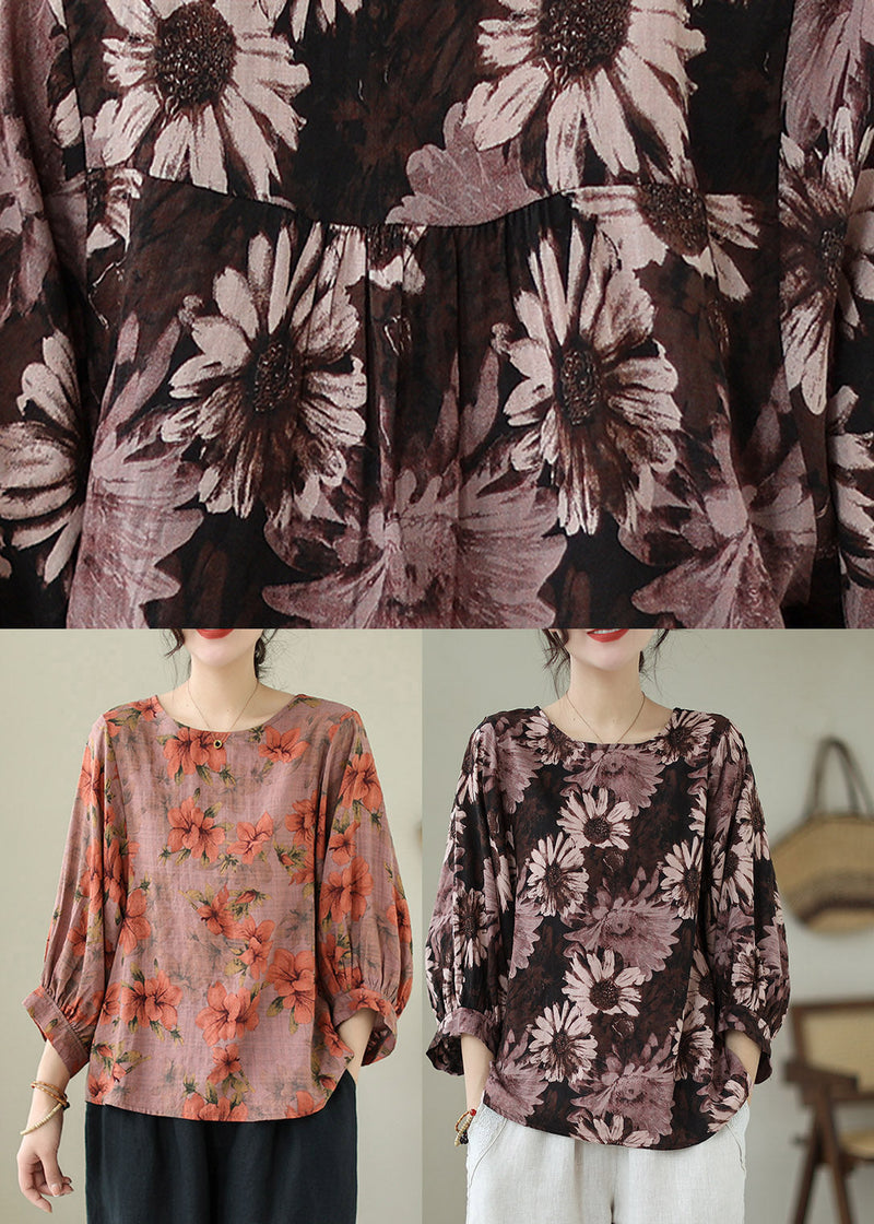 Coffee O-neck Cotton Top Long Sleeve