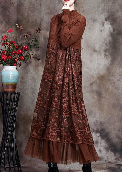 Chocolate O-neck Embroideried Patchwork Fall Long Knit Dress