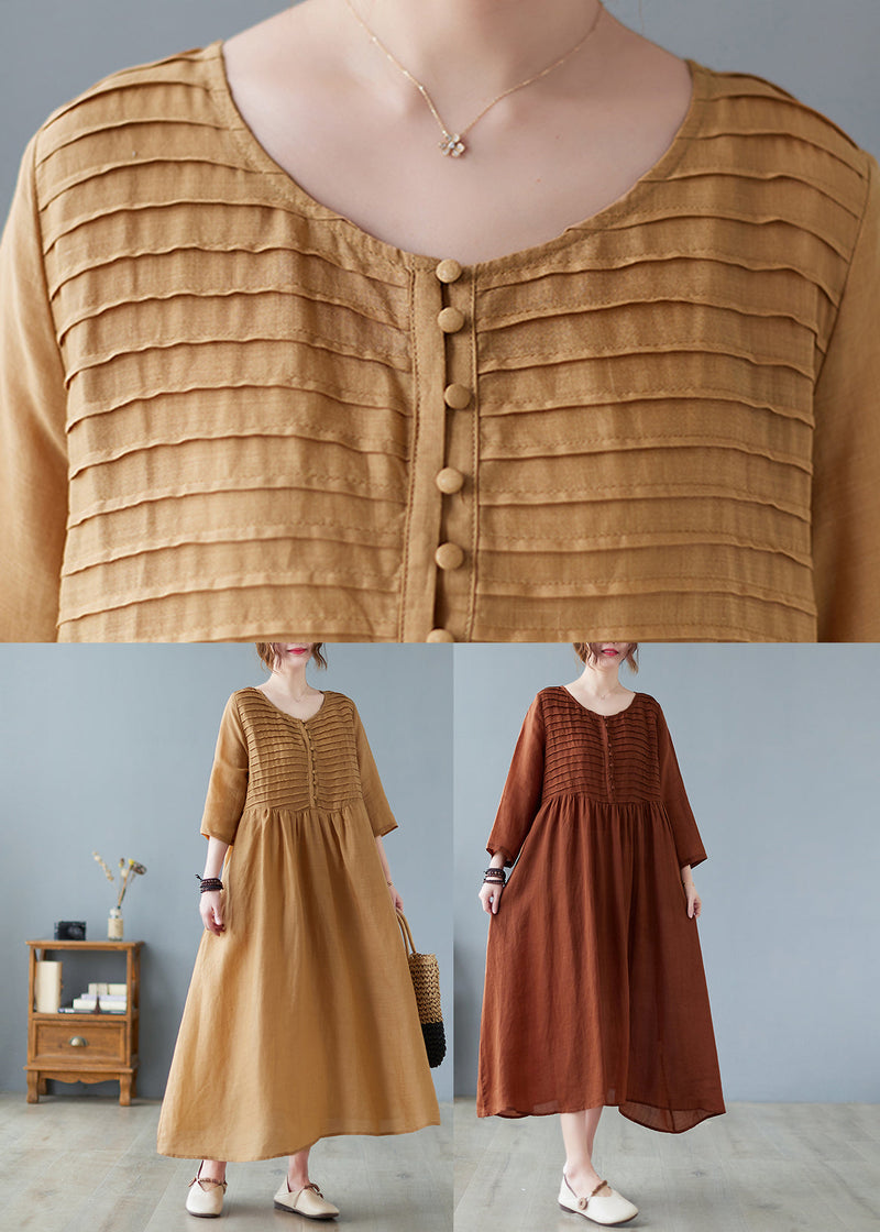 Coffee O-neck Patchwork Button Long Dress Summer