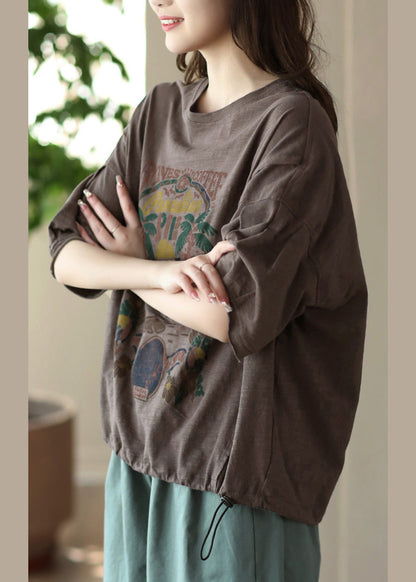 Coffee O-neck Patchwork Cozy Cotton T Shirt Summer