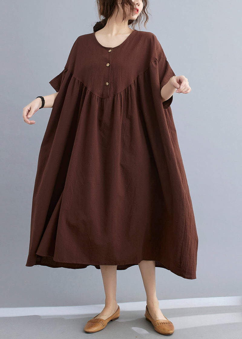Coffee O-neck Wrinkled Maxi Dresses Summer