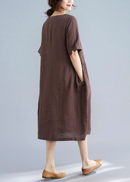 Coffee Patchwork Cotton Dress O Neck Wrinkled Short Sleeve