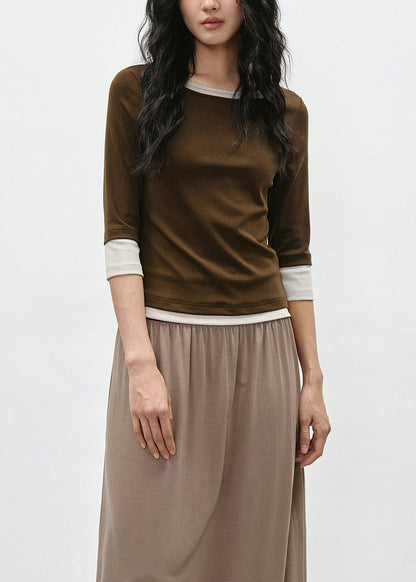 Coffee Patchwork Cotton T Shirt O Neck Bracelet Sleeve