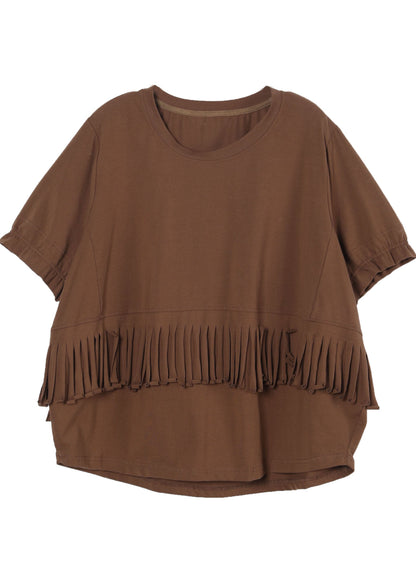Chocolate Patchwork Cotton Tank Tops O-neck Tassel Short Sleeve
