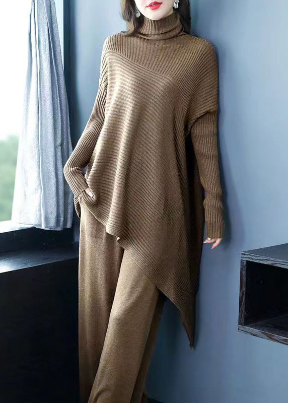 Coffee Patchwork Tops and Pants Woolen Two Piece Suit Set Asymmetrical Fall