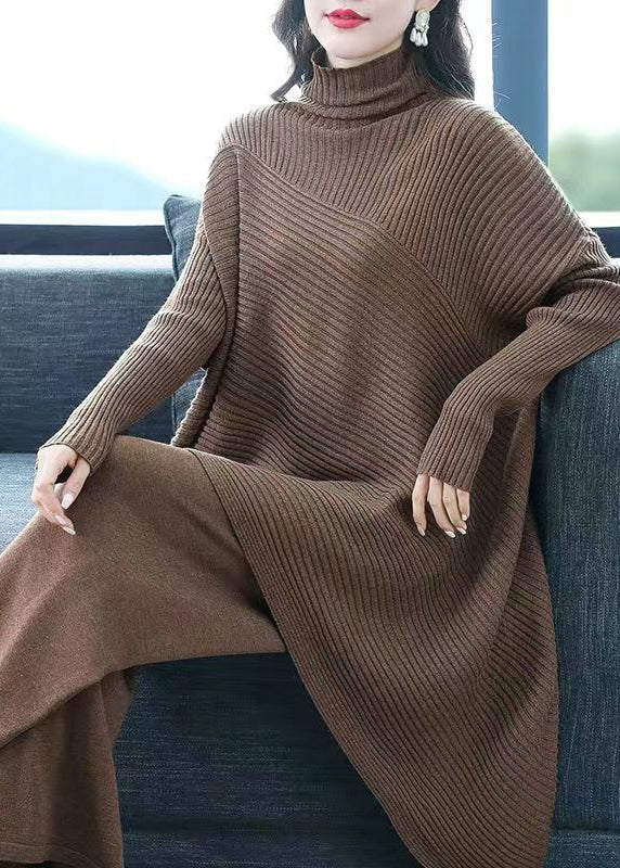 Coffee Patchwork Tops and Pants Woolen Two Piece Suit Set Asymmetrical Fall