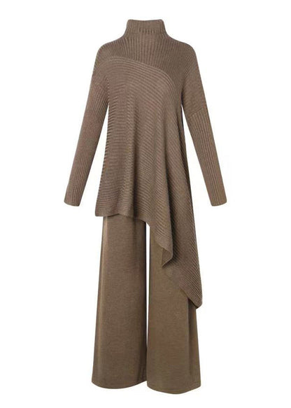 Coffee Patchwork Tops and Pants Woolen Two Piece Suit Set Asymmetrical Fall