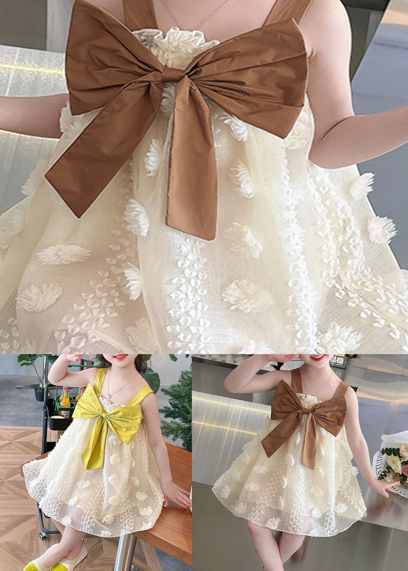Coffee Patchwork Tulle Kids Dress Ruffled Bow Sleeveless