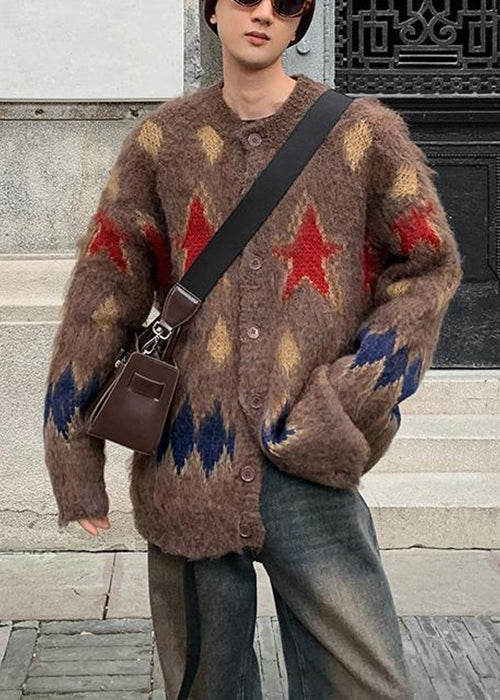 Coffee Plaid Button Cozy Knit Coat O Neck