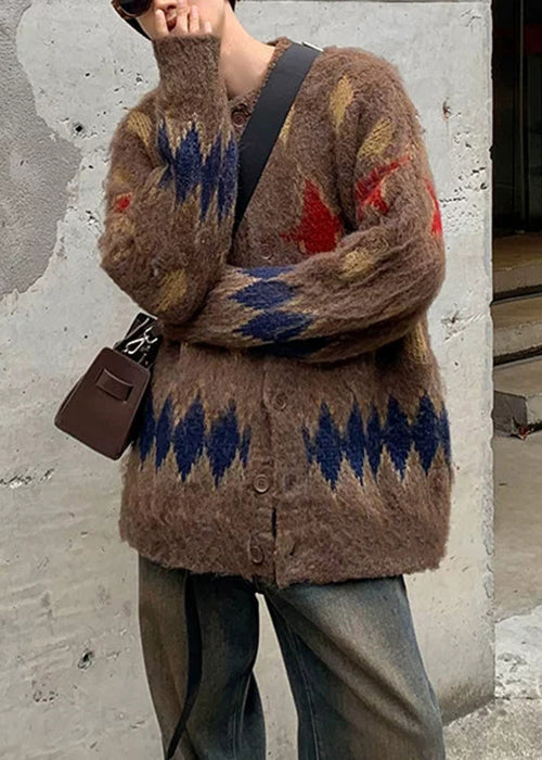 Coffee Plaid Button Cozy Knit Coat O Neck