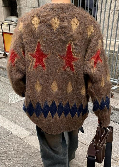 Coffee Plaid Button Cozy Knit Coat O Neck