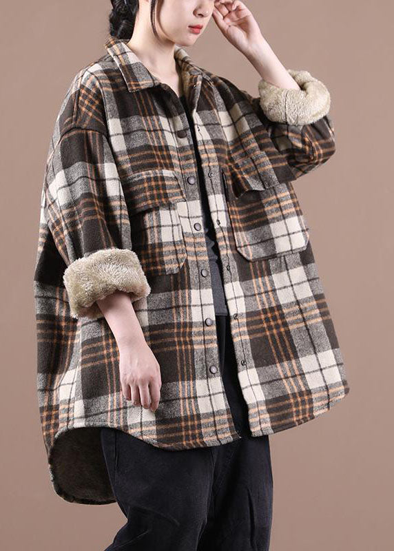 Chocolate Plaid Fleece Wool Lined Outwear Peter Pan Collar Winter
