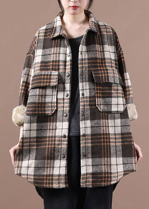 Chocolate Plaid Fleece Wool Lined Outwear Peter Pan Collar Winter