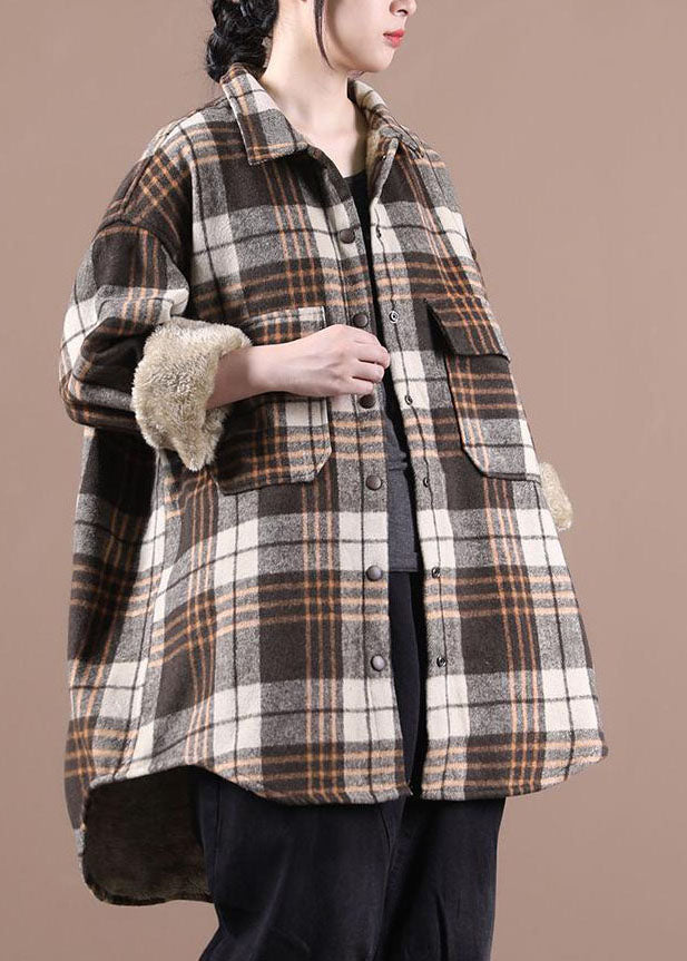 Chocolate Plaid Fleece Wool Lined Outwear Peter Pan Collar Winter