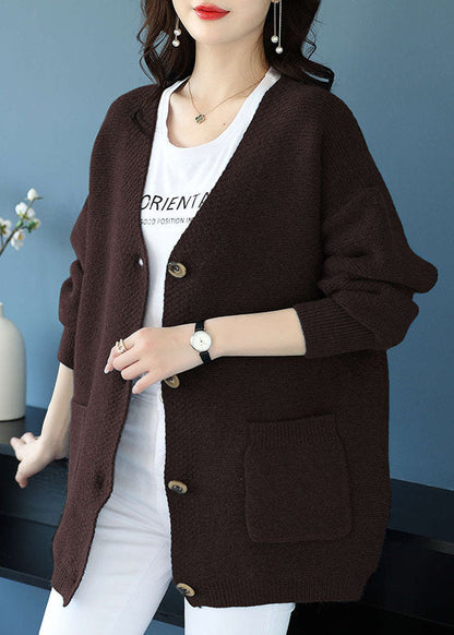 Coffee Pockets Patchwork Cashmere Cardigans V Neck Button Fall