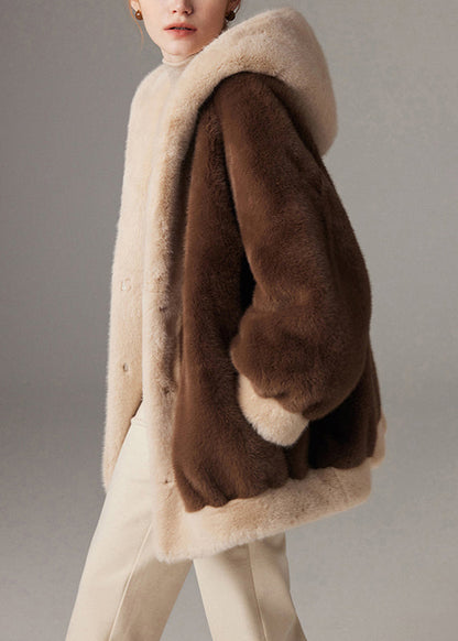 Coffee Pockets Patchwork Mink Hair Winter Coat Hooded