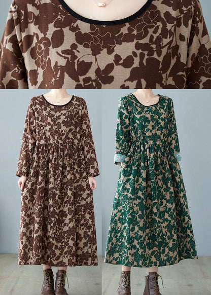 Chocolate Print Patchwork Wrinkled Linen Holiday Dress Spring