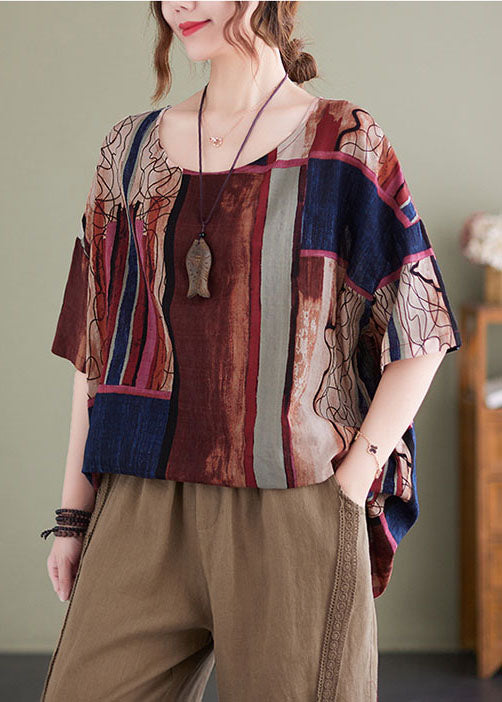 Chocolate Red Print Cotton Loose Tank Tops O-neck Short Sleeve