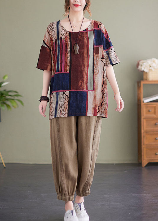 Chocolate Red Print Cotton Loose Tank Tops O-neck Short Sleeve