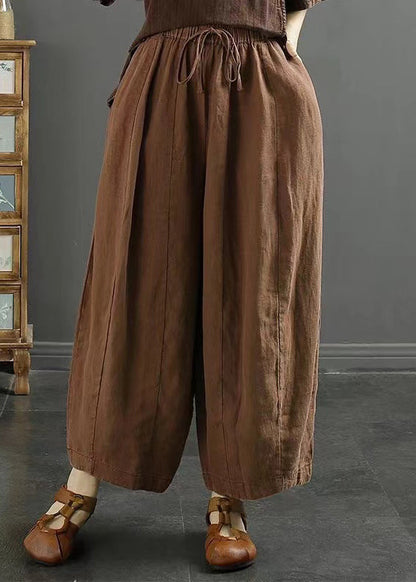Coffee Lace Up Linen Thin Harem Pants High Waist