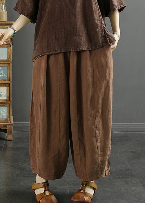 Coffee Lace Up Linen Thin Harem Pants High Waist