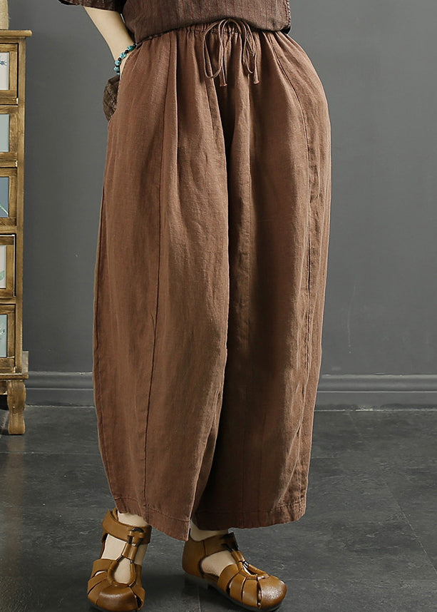 Coffee Lace Up Linen Thin Harem Pants High Waist