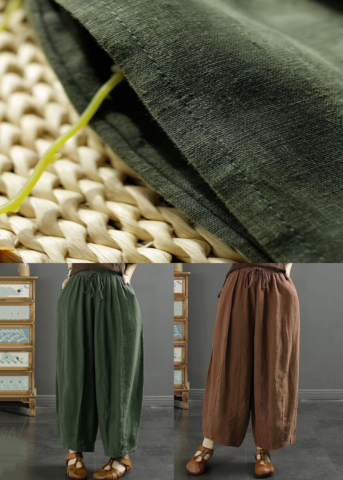 Coffee Lace Up Linen Thin Harem Pants High Waist