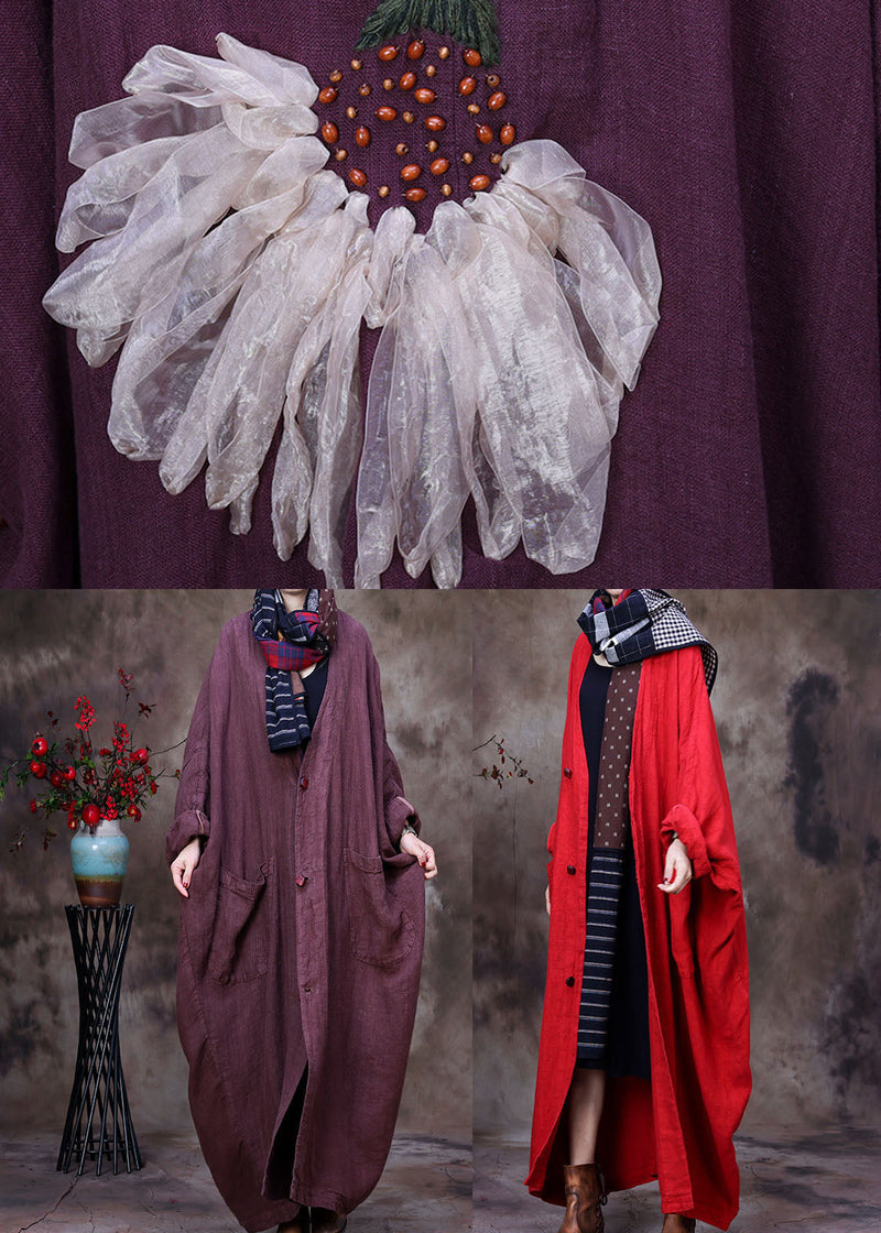 Chocolate Linen Trench Coat V Neck Handmade Long Sleeve