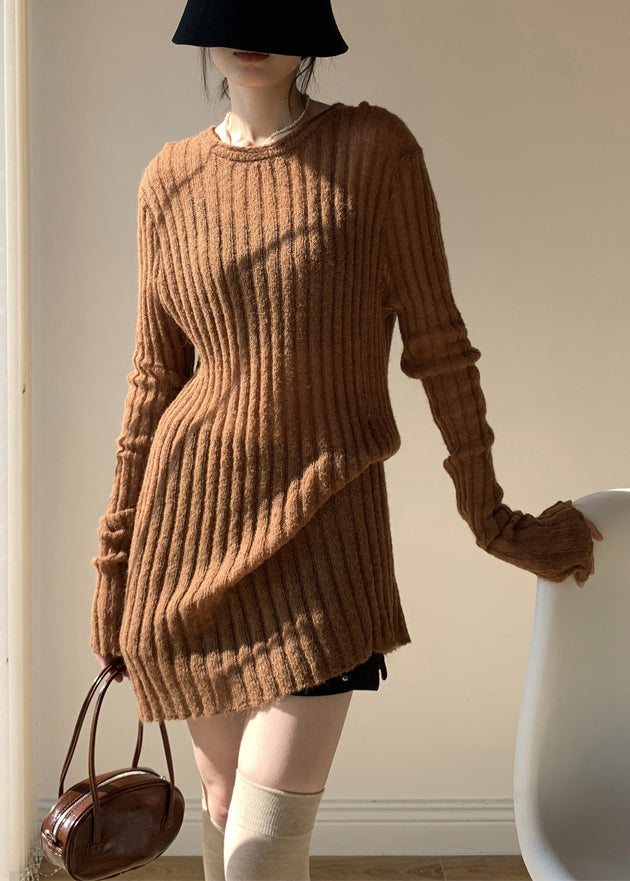 Coffee Loose Knit Sweater Mid Dress O-neck Spring