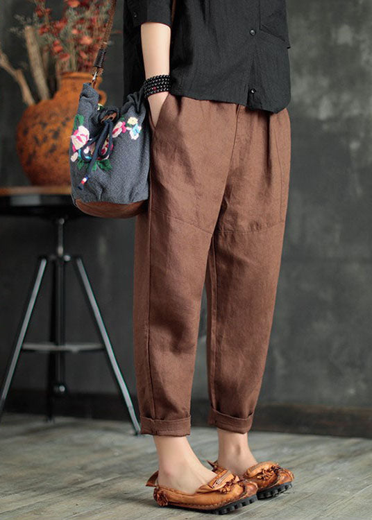 Chocolate Pockets Linen Harem Pants Elastic Waist Summer