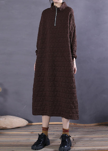 Chocolate Stand Collar Cotton Long Dress Winter