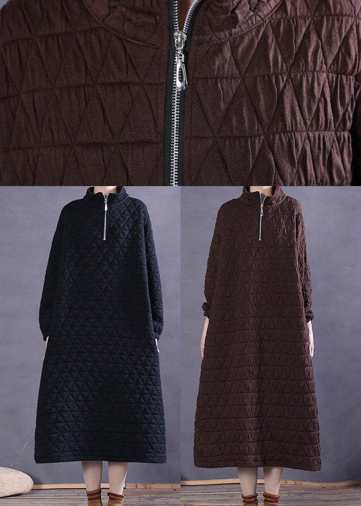 Chocolate Stand Collar Cotton Long Dress Winter