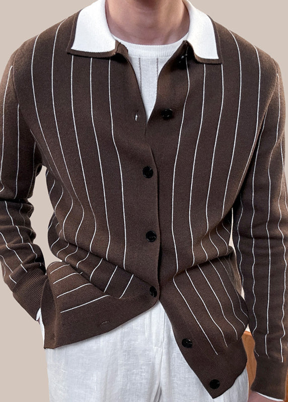 Coffee Striped Button Cozy Winter Knit Cardigan Peter Pan Collar