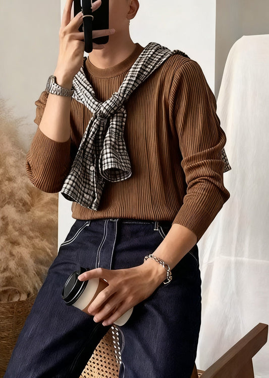 Coffee Striped Cozy Knit Winter Sweater O Neck