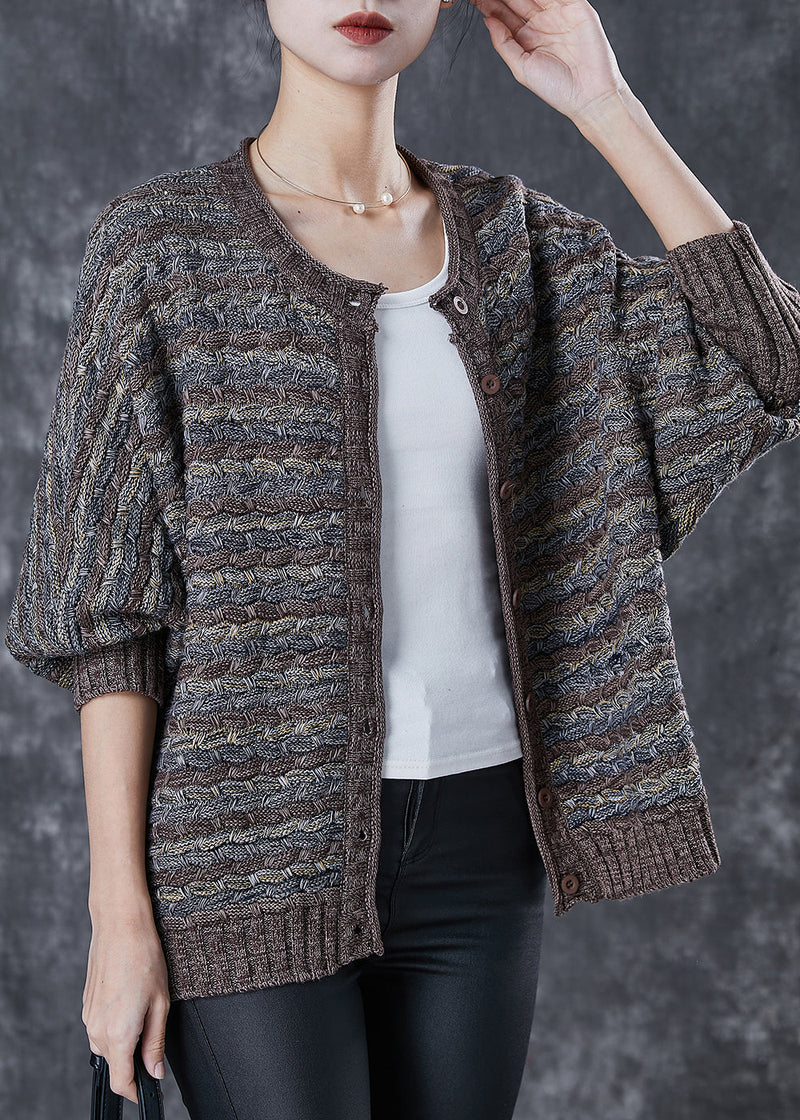 Coffee Striped Knit Cardigans Oversized O-neck Spring