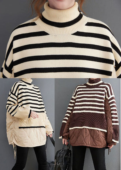 Chocolate Striped Knit Patchwork Fine Cotton Filled Drawstring Winter Sweaters Coat