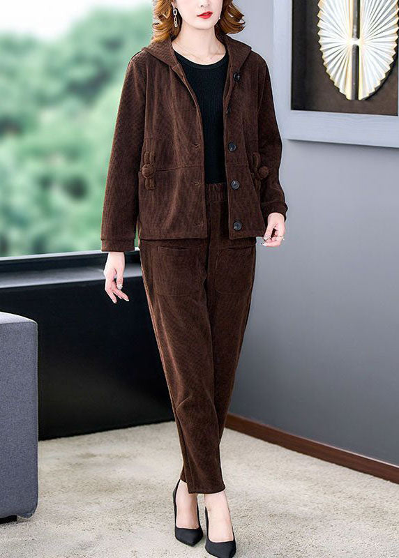 Chocolate Thick Corduroy Coats and Harem Pants Two Pieces Set Hooded Winter