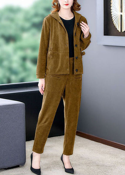 Chocolate Thick Corduroy Coats and Harem Pants Two Pieces Set Hooded Winter