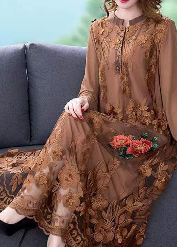 Chocolate Tulle Maxi Dress O-neck Embroideried Spring