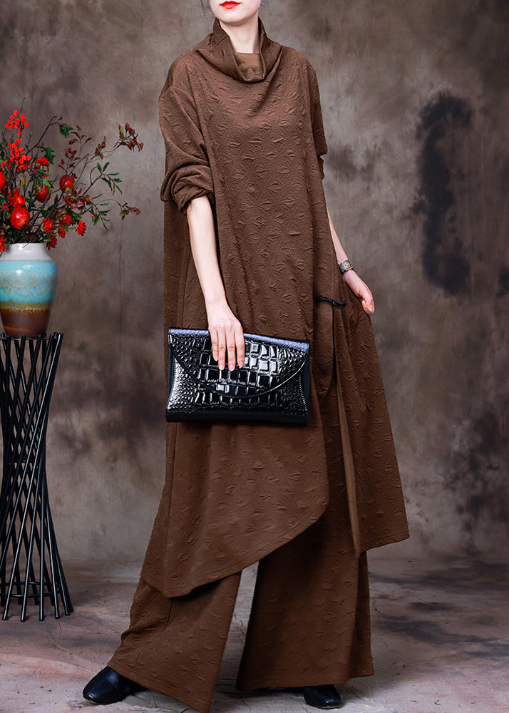 Chocolate Turtleneck Low High Design Silk Top and Wide Leg Pants Two Piece Set Fall