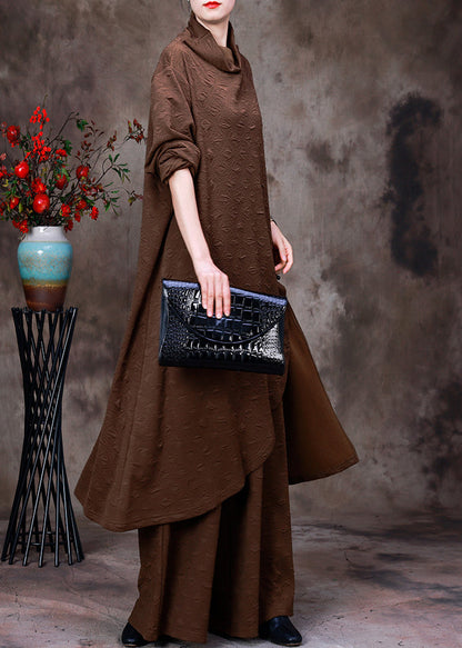 Chocolate Turtleneck Low High Design Silk Top and Wide Leg Pants Two Piece Set Fall