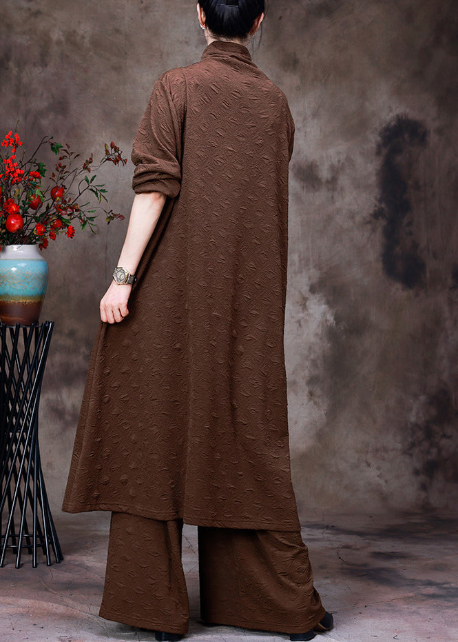 Chocolate Turtleneck Low High Design Silk Top and Wide Leg Pants Two Piece Set Fall