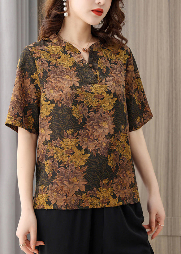 Chocolate Print Silk Blouse Top for O-neck Button Short Sleeve