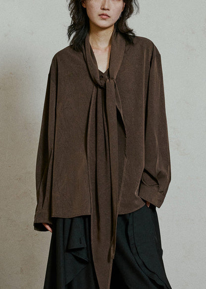 Coffee Wrinkled Button Solid Top Lantern Sleeve