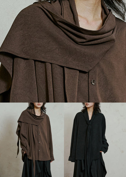 Coffee Wrinkled Button Solid Top Lantern Sleeve